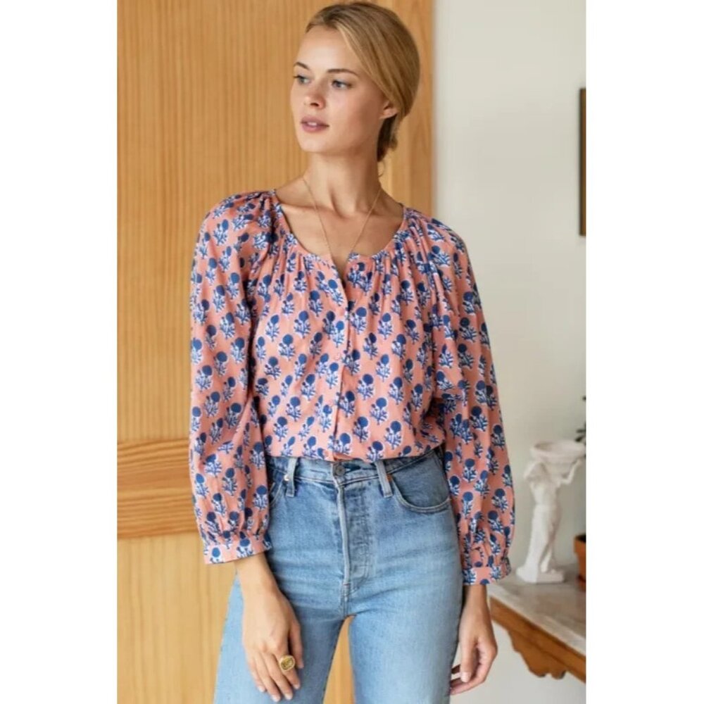 NWT Emerson Fry India Collection Frances Blouse in Apple Blue Little Marigolds L - Picture 1 of 6